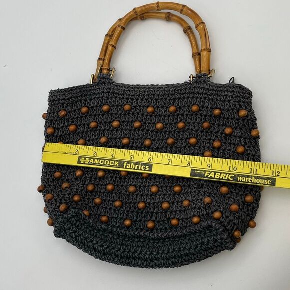 Crochet Handbag Black Beaded Bamboo Handle Boho Purse Zip Top Retro Bag Artisan - Picture 6 of 6